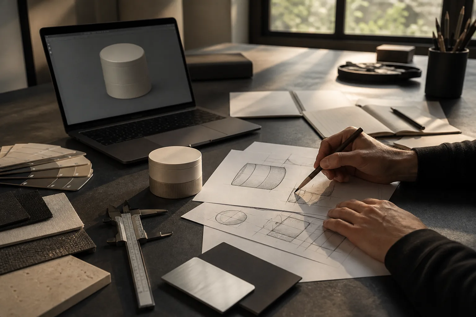 Hands developing a physical product through sketches, CAD and material samples