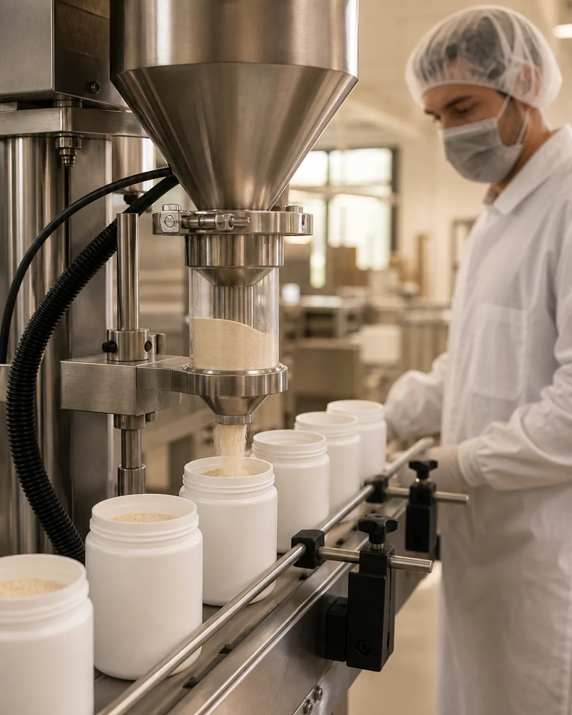 Warm ivory supplement powder being filled into matte white jars on a clean production line
